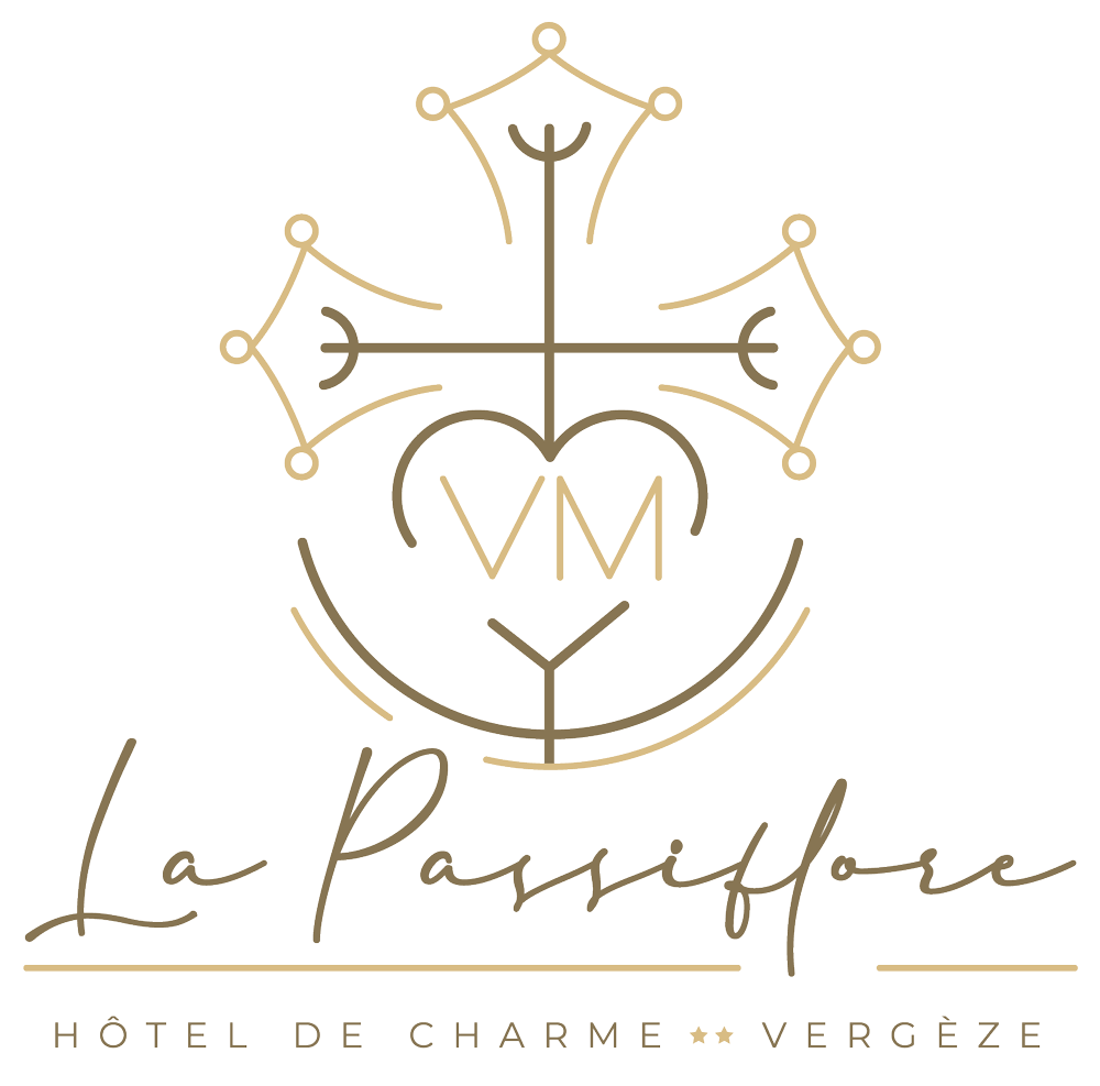 Logo La Passiflore Hôtel Restaurant Vergèze Gard, aux portes de la Camargue, entre Nîmes et Montpellier, Bichromie